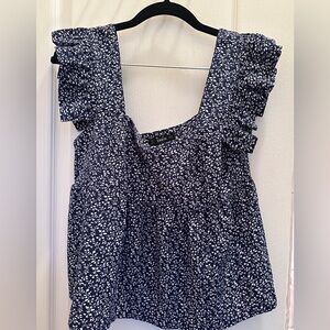 SHEIN Navy Blue Floral Blouse with Ruffle Sleeves